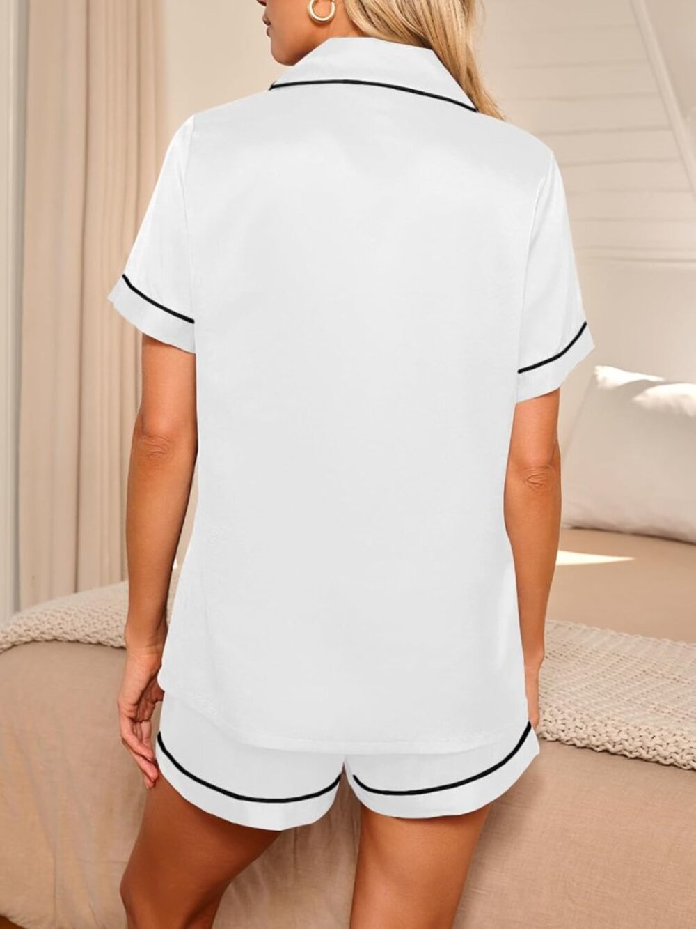Women's White Silk Satin Pajama 2 Piece Sleepwear Button Down Short Shirt - Picture 4 of 6